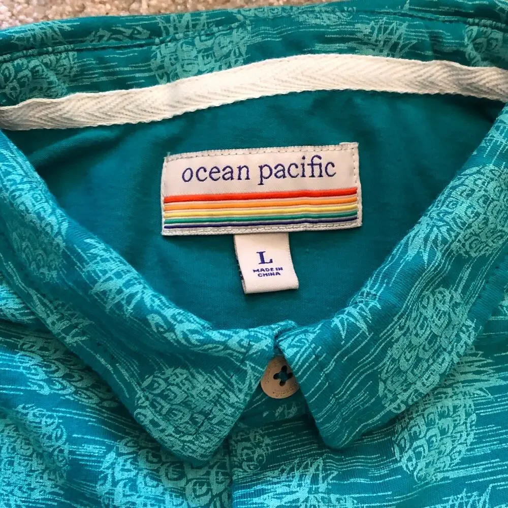 Ocean Pacific Shirt Men's‎ Large Teal Pineapple Print Button Front Short Sleeve